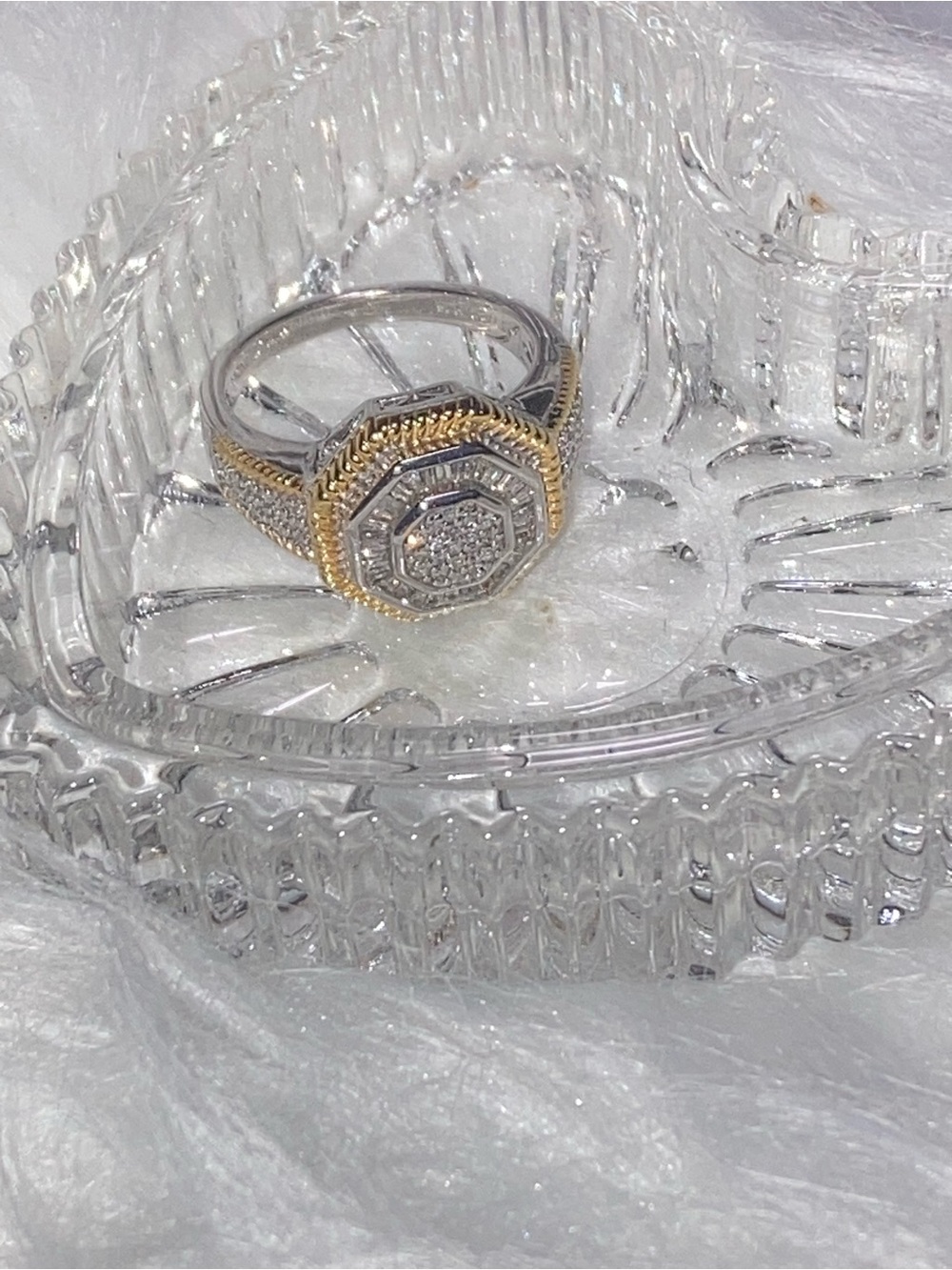 Two-Tone Octagonal Halo Ring in Silver and Gold - Women's Jewelry